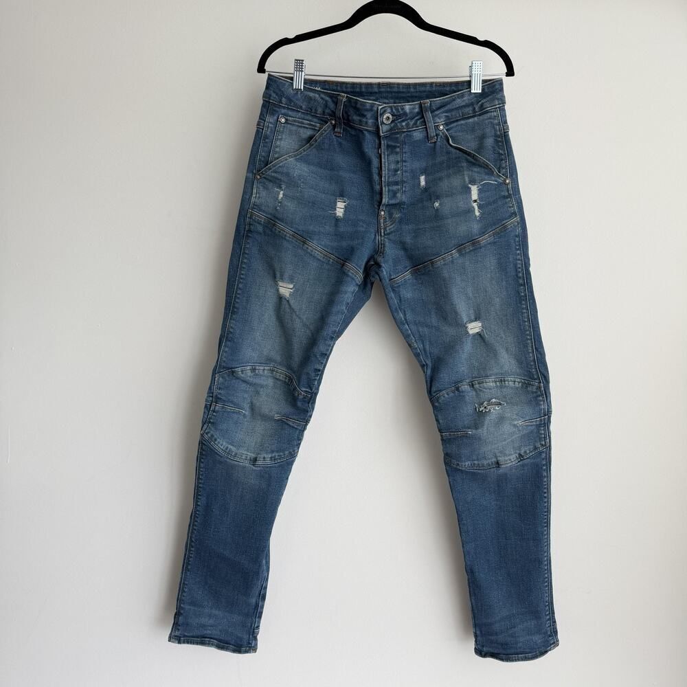 G-Star RAW Jeans Mens 32x32 Blue 5620 3D Slim Distressed Button Fly Moto Tapered